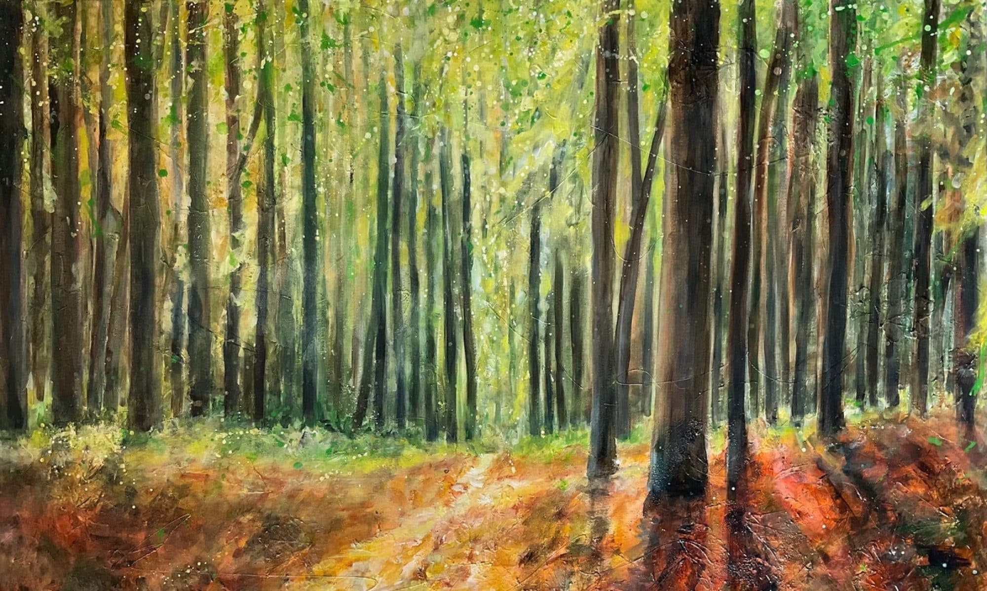 Das gemalte Bild zeigt einen herbstlichen Laubwald.