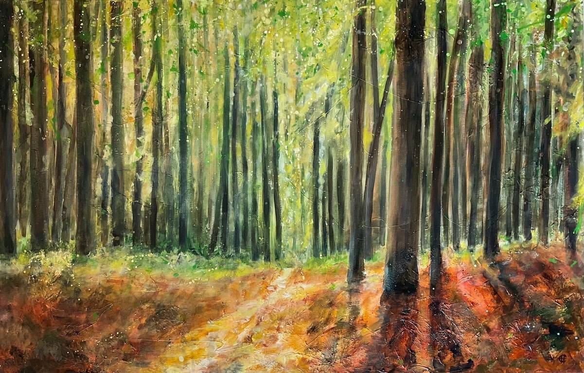 Das gemalte Bild zeigt einen herbstlichen Laubwald.